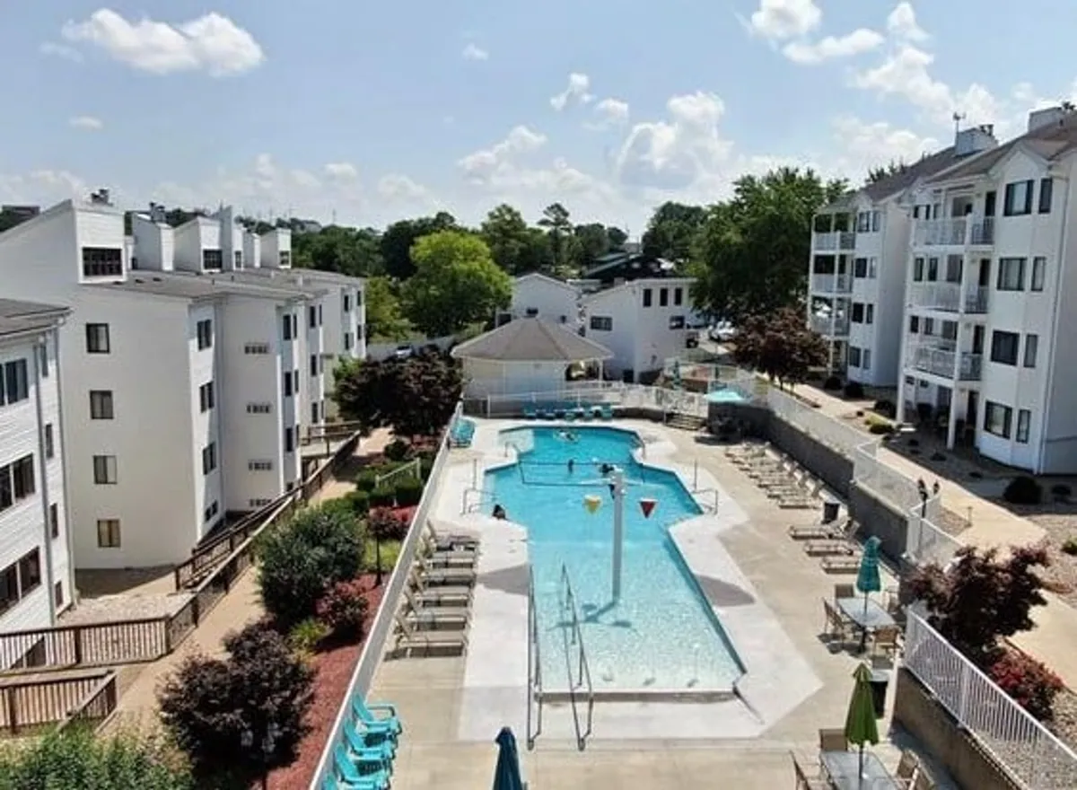 A relaxed and contemporary pool area featuring a swimming pool surrounded by lush greenery and lounge chairs, inviting guests to swim, sunbathe, or socialize by the water.